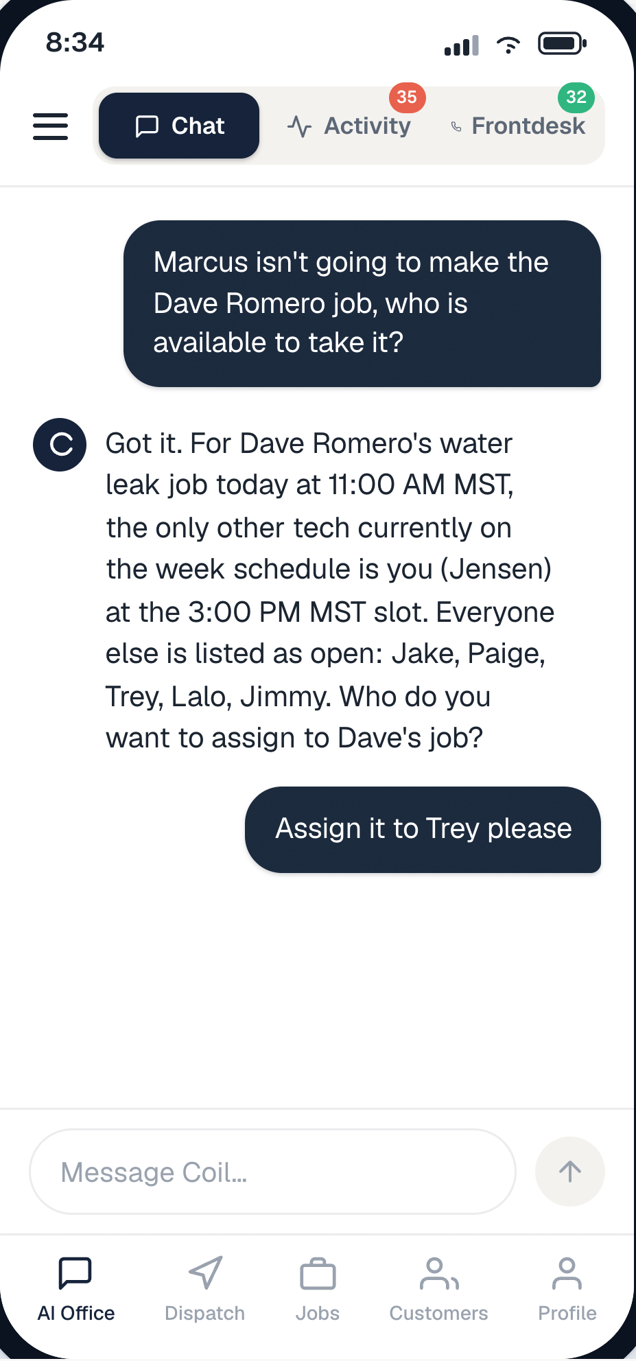 Coil AI Office chat reassigning a job to an available tech