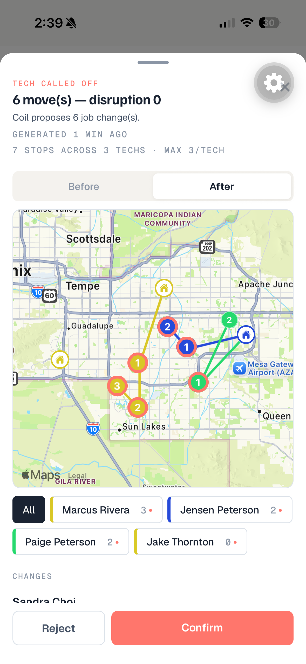 Coil rebalancing the day's routes on Apple Maps after a tech calls off