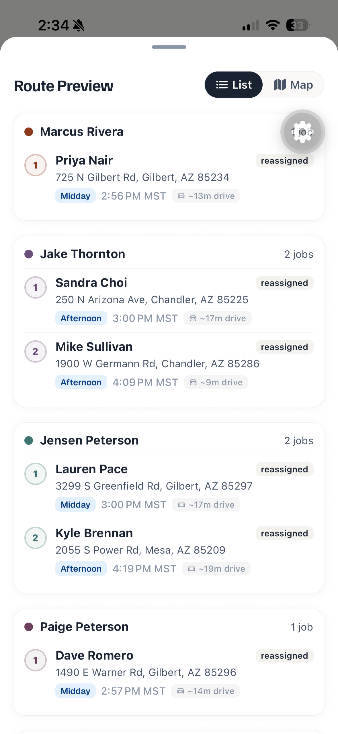 Coil optimized route order listed across techs with drive times